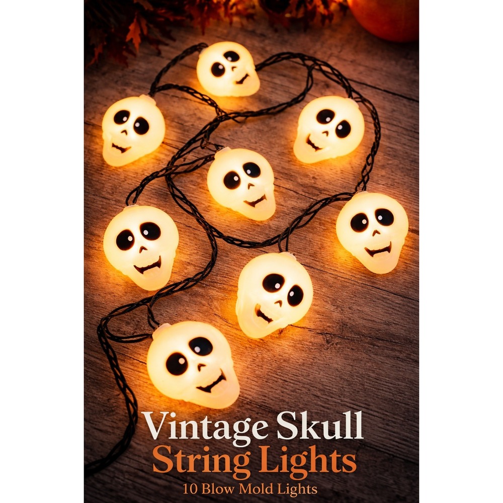 Vintage Halloween Skull String Lights‎ 10 Blow Mold Skull Covers Black Wire New